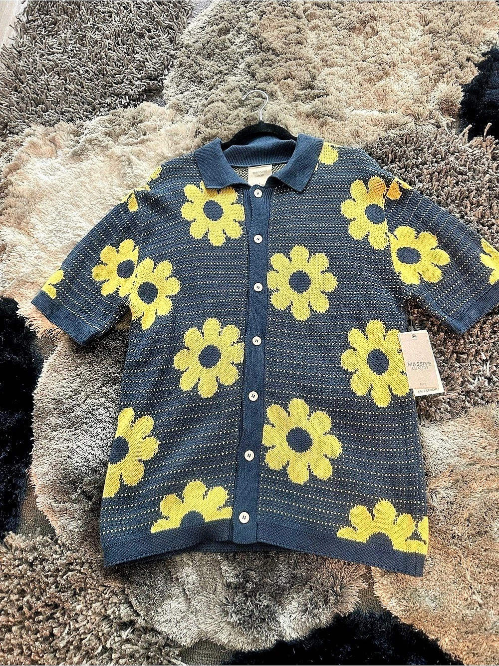 MASSIVE LUXURY Knit Crochet Floral Polo in Blue & Yellow NWT - Picture 2 of 5